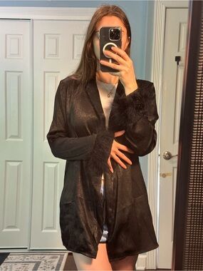 Black satin smoking jacket with faux fur trim